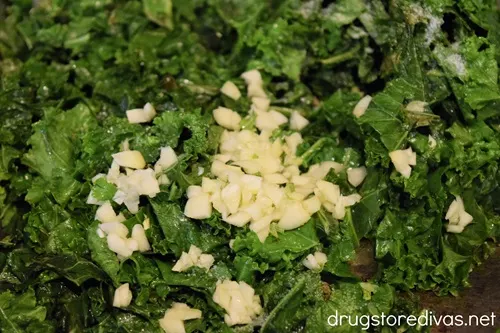 Kale slices and garlic pieces.